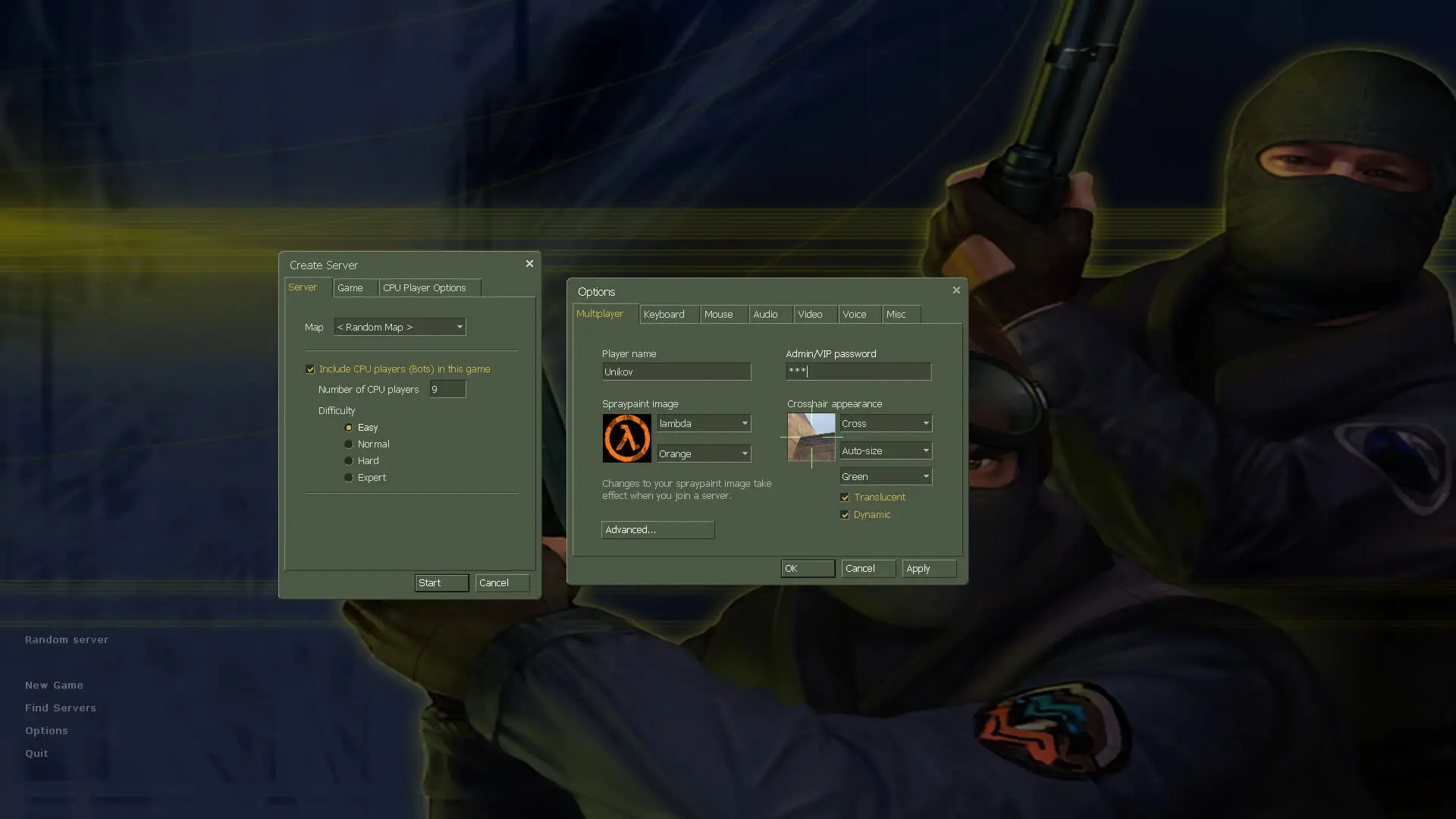 Counter-Strike 1.6 main menu: game options and create server dialogs