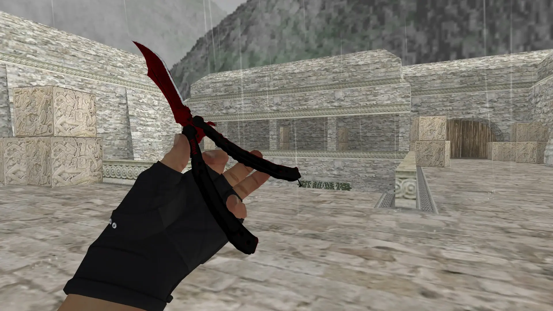 Butterfly Knife Crimson Web — Bloodhound Gloves Charred Pack — de_aztec (first person)