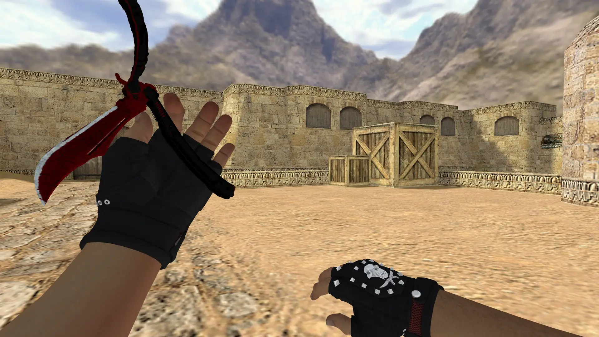 Butterfly Knife Crimson Web — Bloodhound Gloves Charred Pack — de_dust2 (first person)