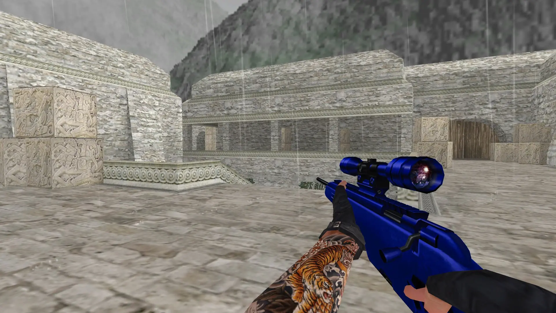 Scout — Blue Weapons with Tattoo — de_aztec (first person)