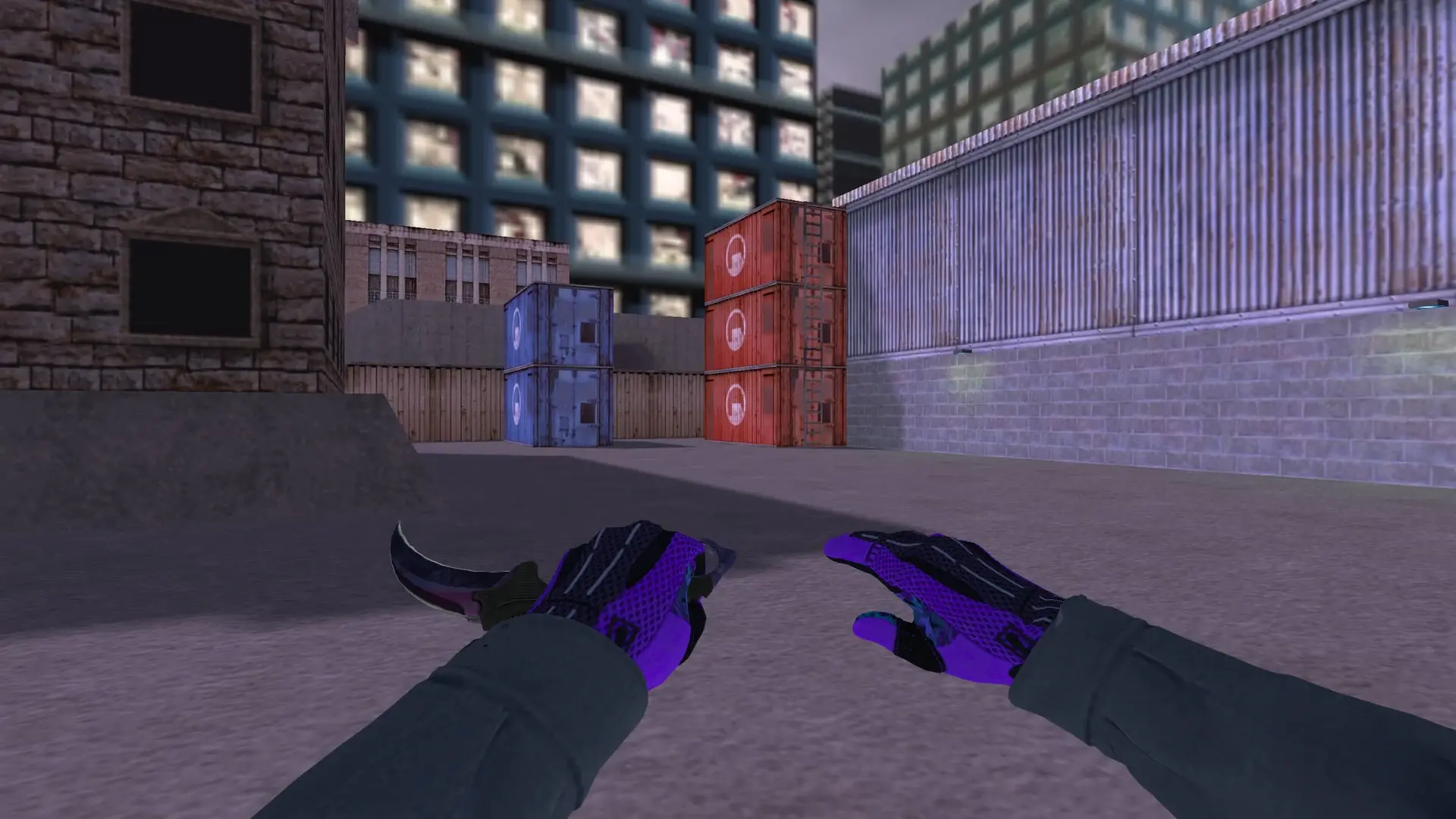 Karambit Doppler (Black Pearl): Pandora's Box Sport Gloves (CT) — cs_assault (first person)