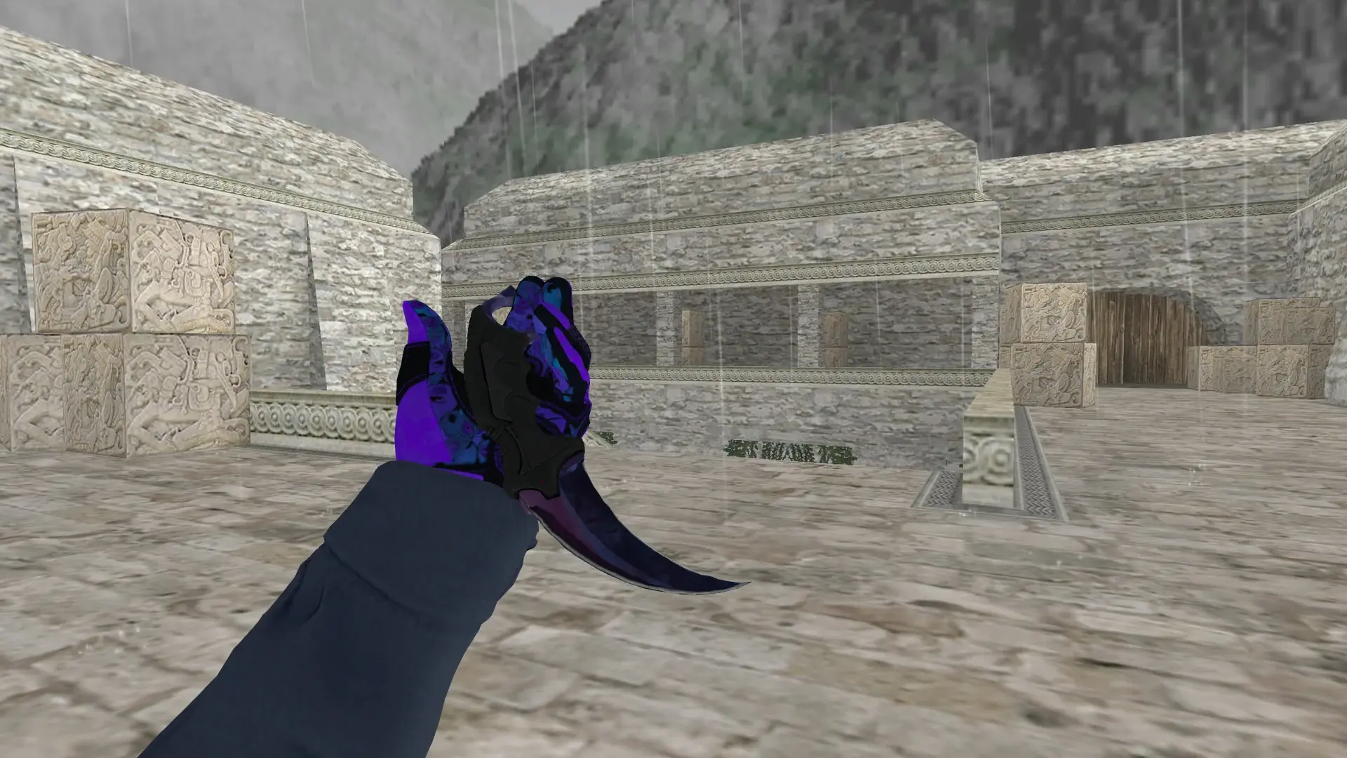 Karambit Doppler (Black Pearl): Pandora's Box Sport Gloves (CT) — de_aztec (first person)