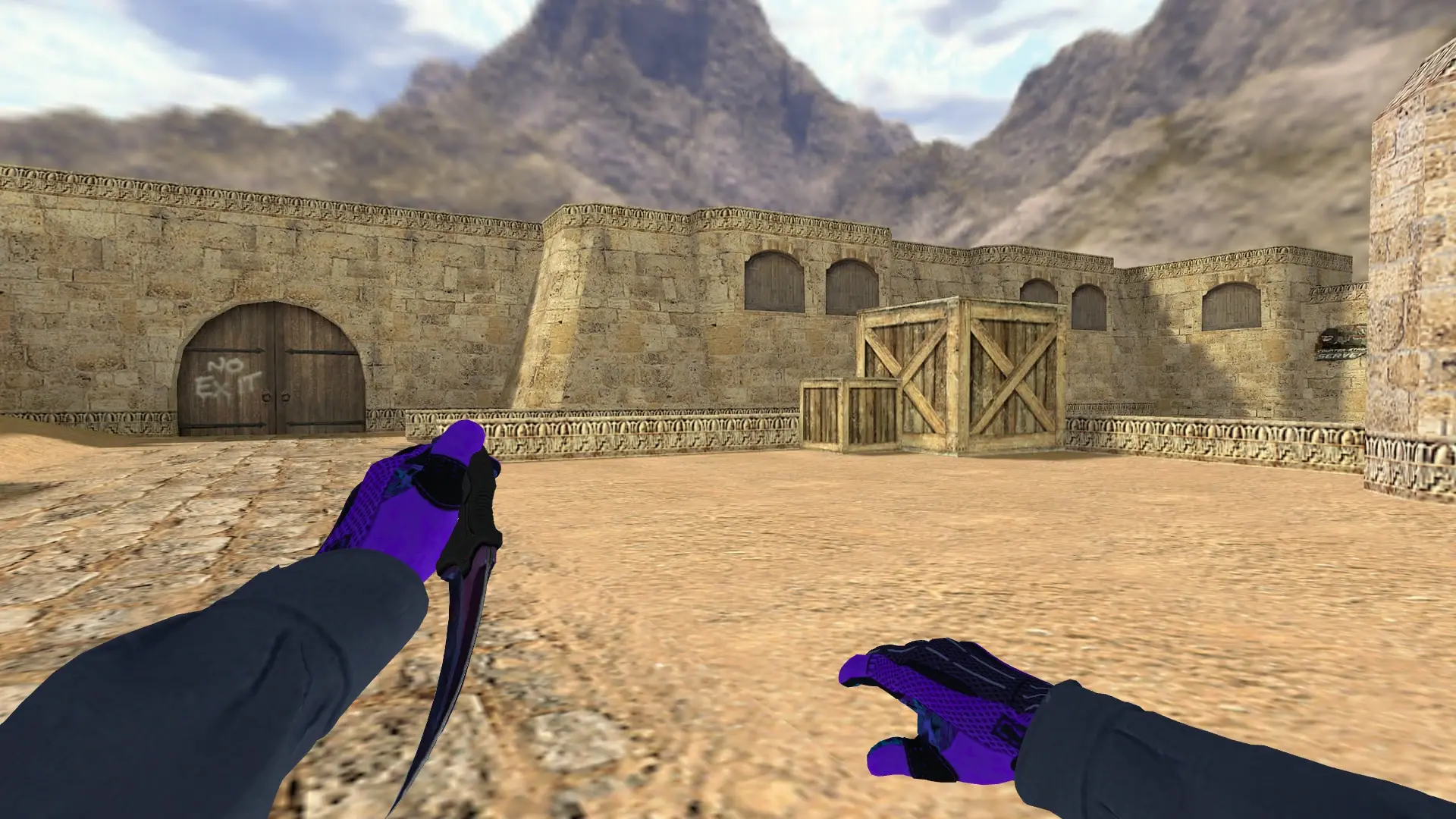 Karambit Doppler (Black Pearl): Pandora's Box Sport Gloves (CT) — de_dust2 (first person)