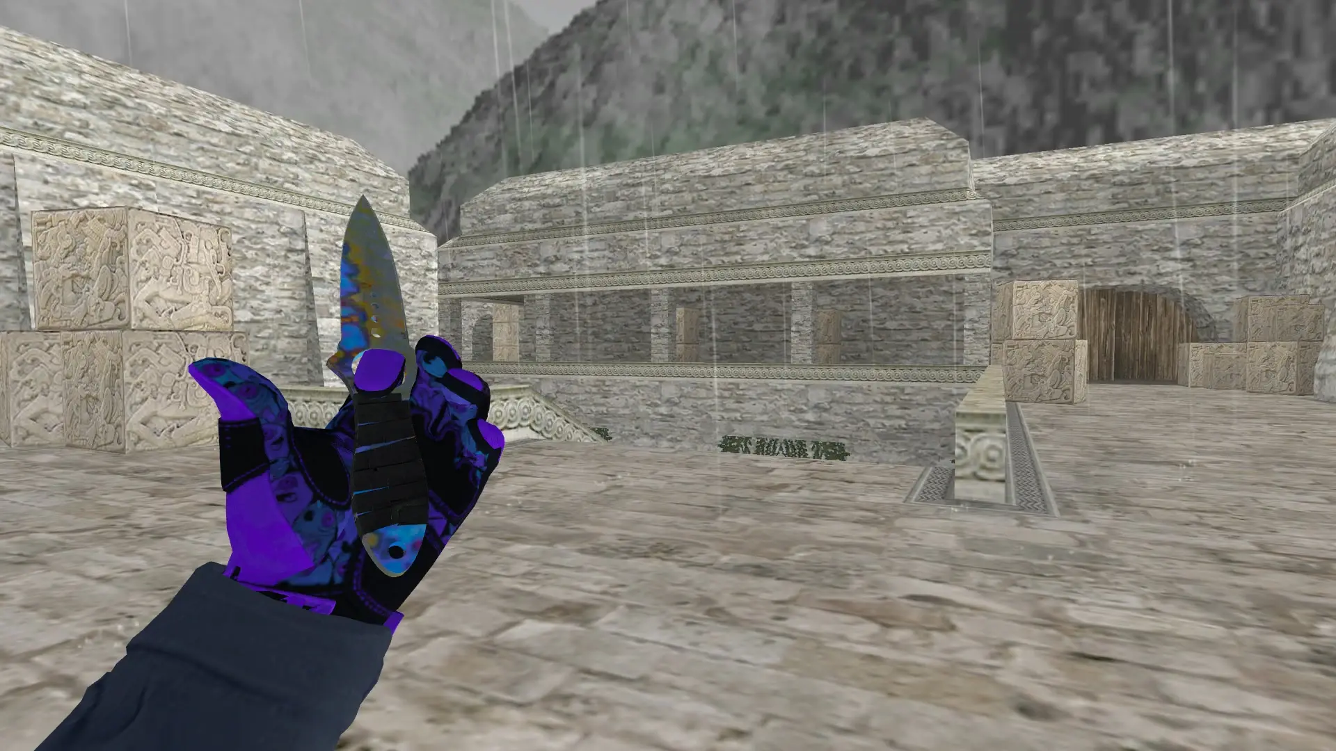 Skeleton Knife Case Hardened (403 Blue Gem): Pandora's Box Sport Gloves (CT) — de_aztec (first person)