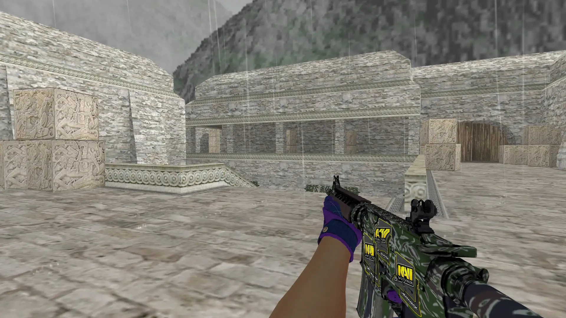 M4A1: Imperial Plaid Driver Gloves — de_aztec (first person)