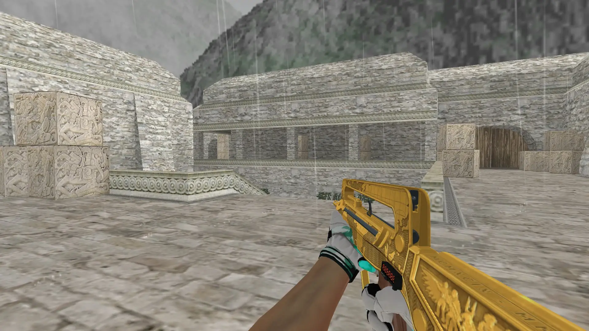 FAMAS — Moto Gloves Spearmint Pack — de_aztec (first person)