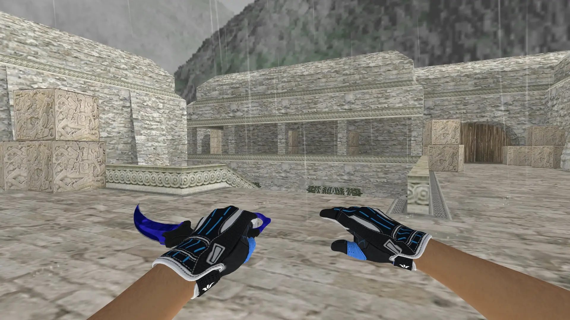 Karambit Sapphire — Sport Gloves Superconductor Pack — de_aztec (first person)