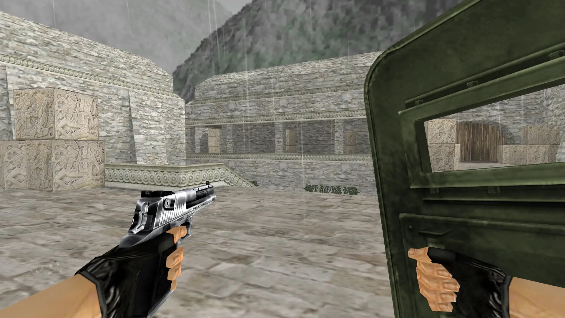 Green Police Shield — de_aztec (first person)