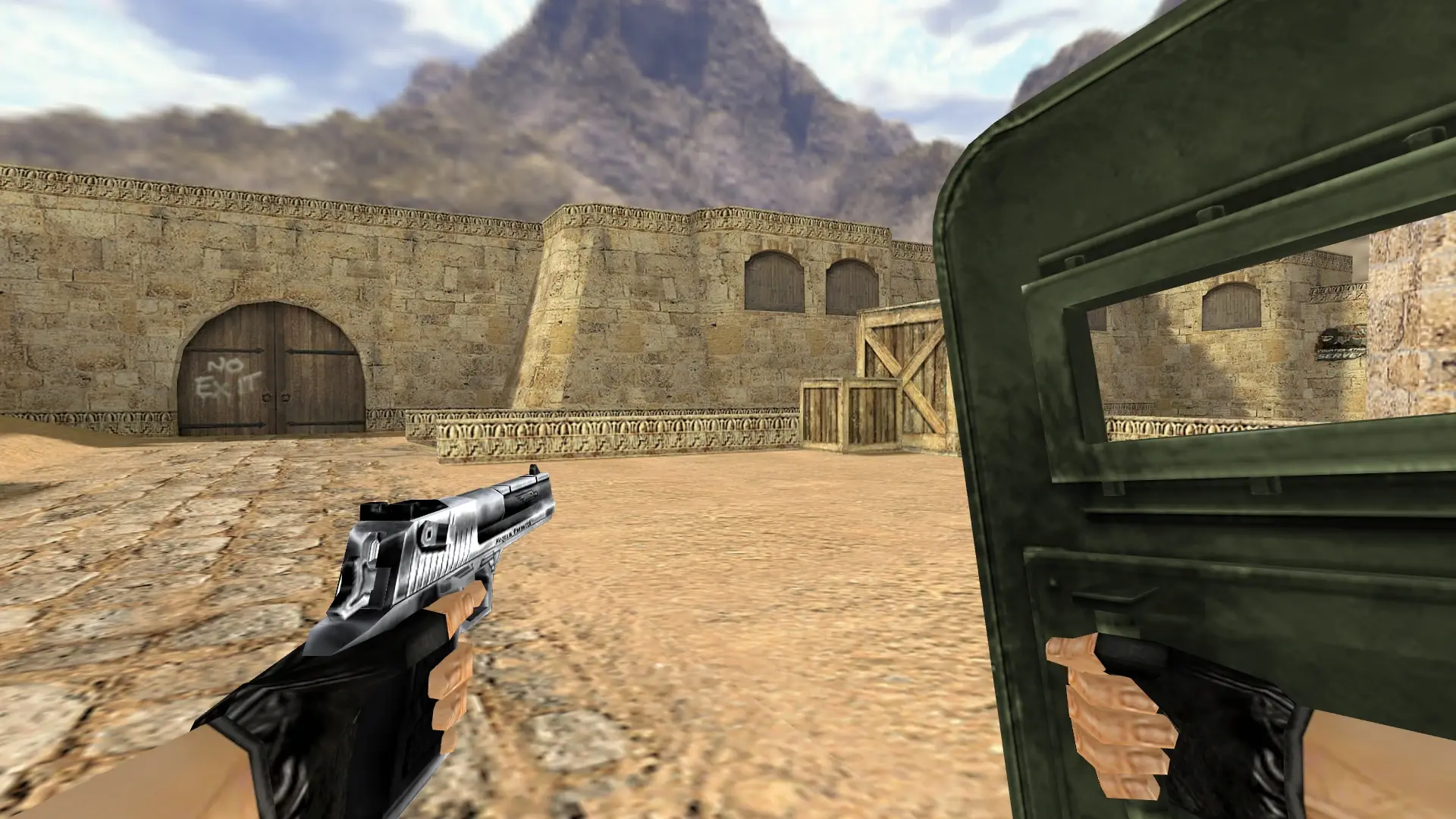 Green Police Shield — de_dust2 (first person)