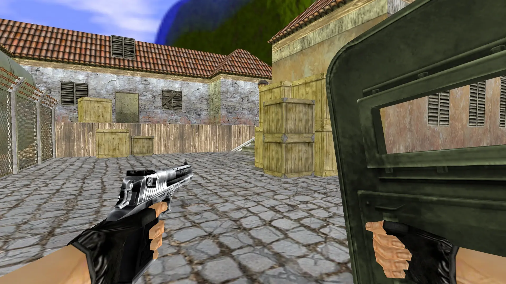 Green Police Shield — de_inferno (first person)