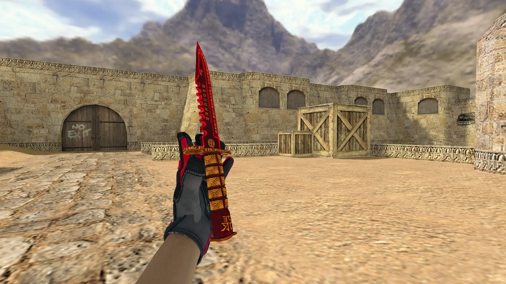 M9 Bayonet | Chang, Specialist Gloves Crimson Kimono — de_dust2 (first person)