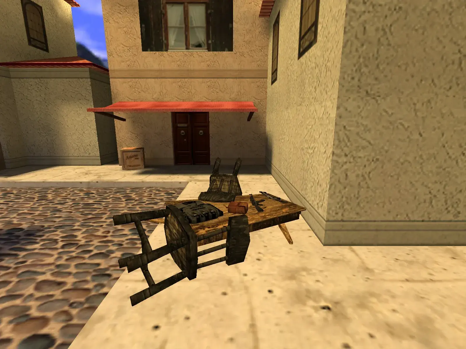 Table with Weapons and Gear — cs_italy, the market street from the other side
